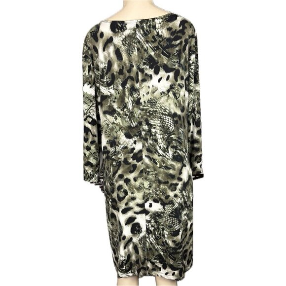 Citiknits XL Green-Black Animal Print Crew Neckline 3/4 Sleeve Above Knee Dress - Picture 4 of 6